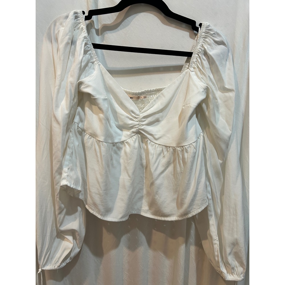 Ru Ami Womens White‎ Long Sleeve Square Neck Smocked Ruffle Blouse - Size M